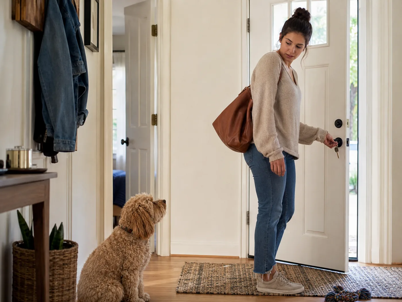 Woman at the door with her dog watching